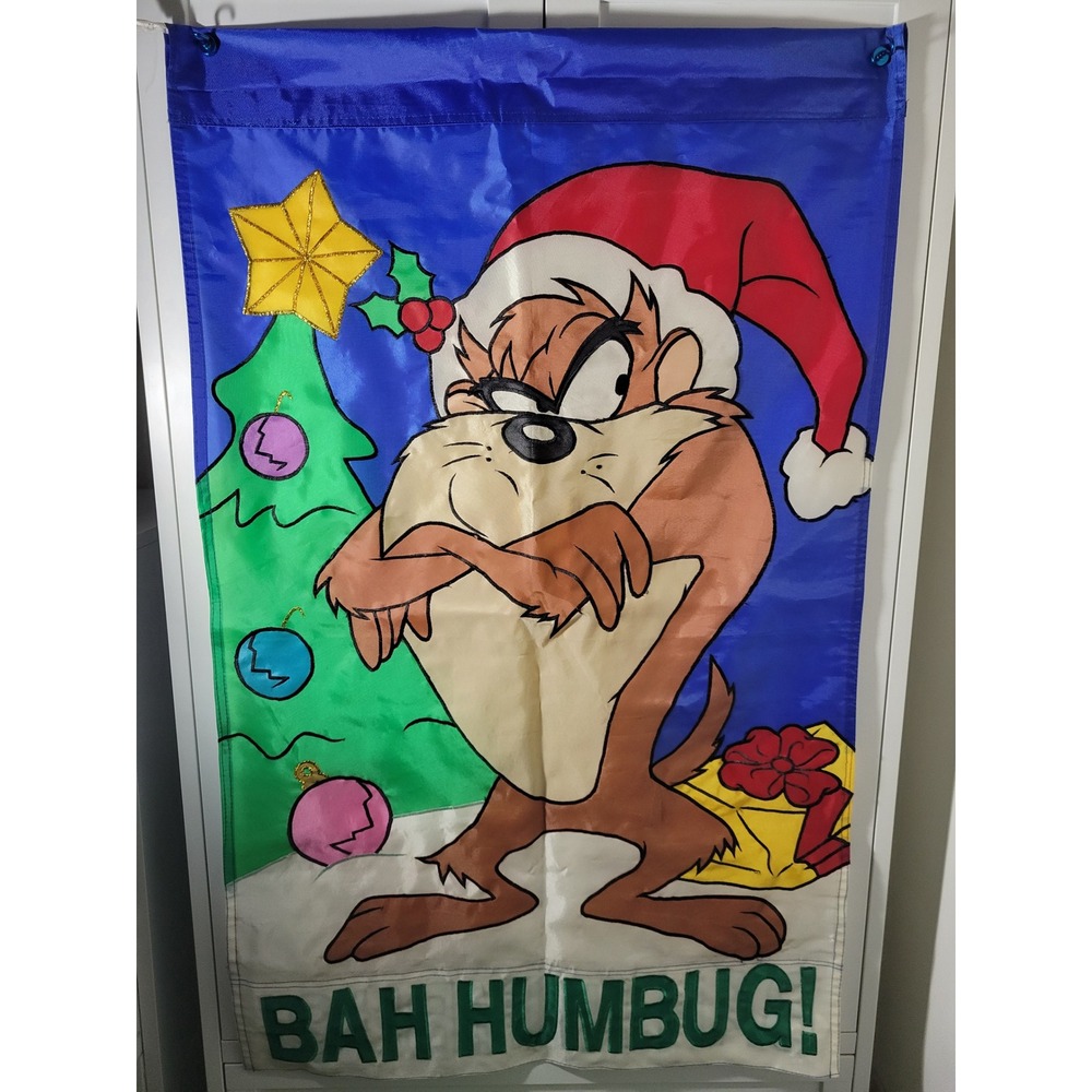 Vintage Looney Tunes Taz Christmas Garden Flag Bah Humbug Santa Hat 28x42 Large